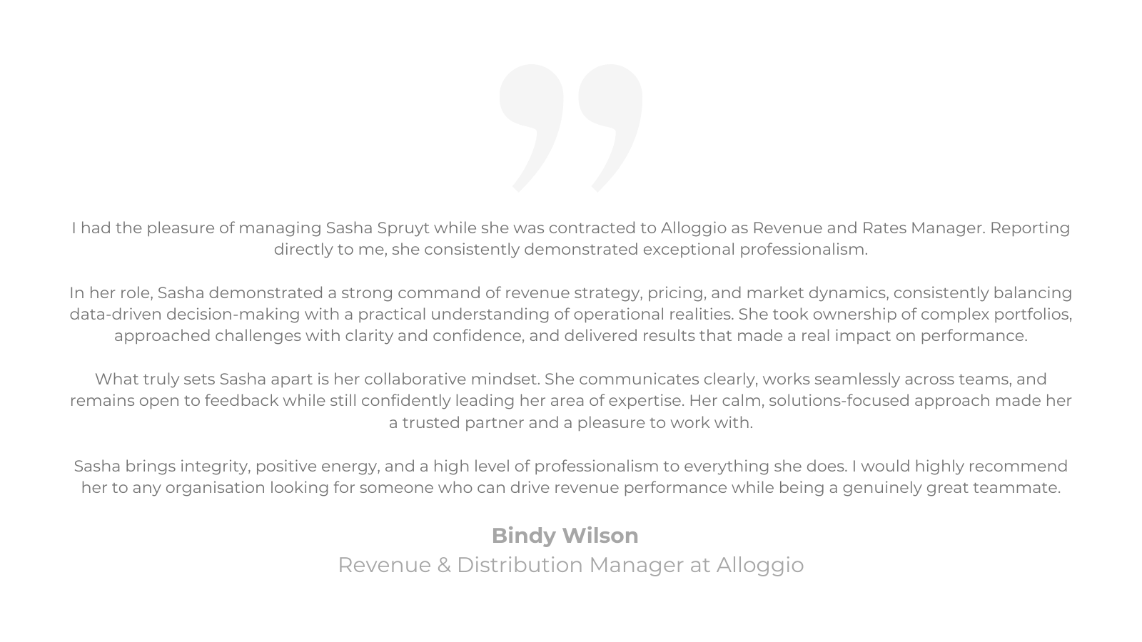 Sasha Spruyt Testimonials - Alloggio